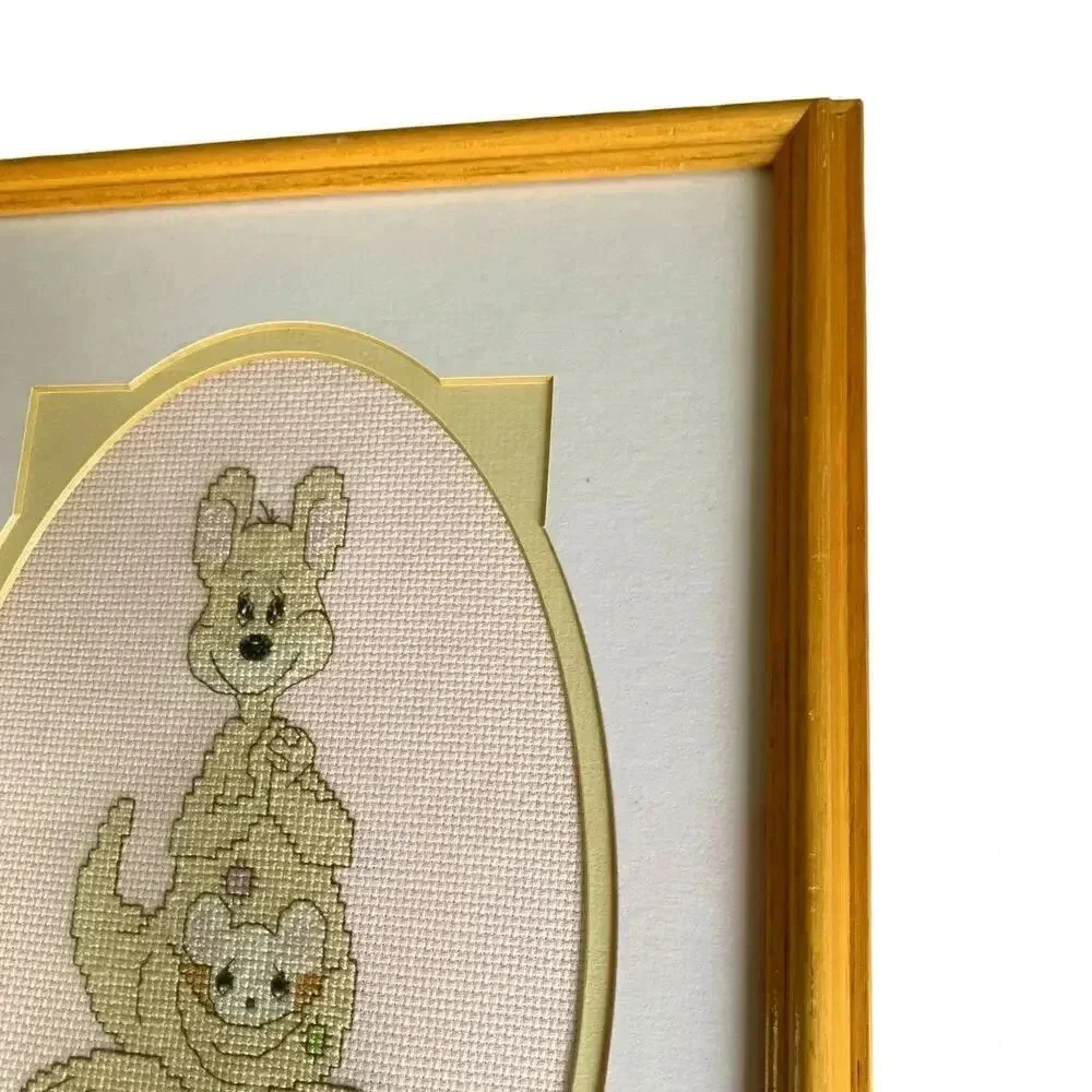 Precious Moments Vintage Cross Stitch Kangaroo Pockets Framed 14X10 Hand Crafted